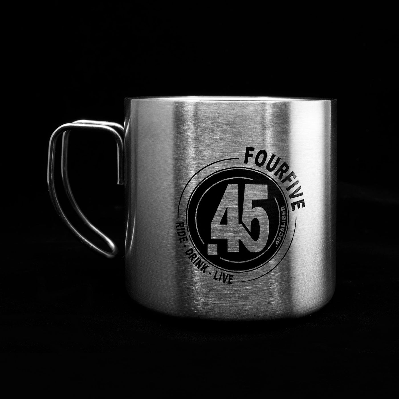 A Fourfive 45 ACP coffee mug in double walled stainless steel construction with a Fourfive 45 logo printed on its front facing straight with a black background.